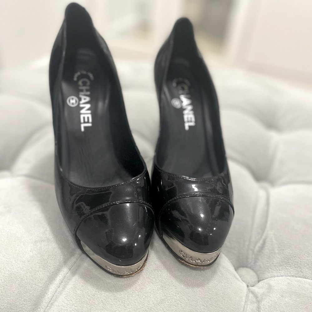 Chanel Metal Cap Toe Patent Leather Pumps
